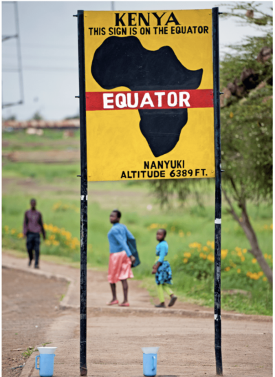 Rough metal location sign to denote the equator line for travelers in Nanyuki